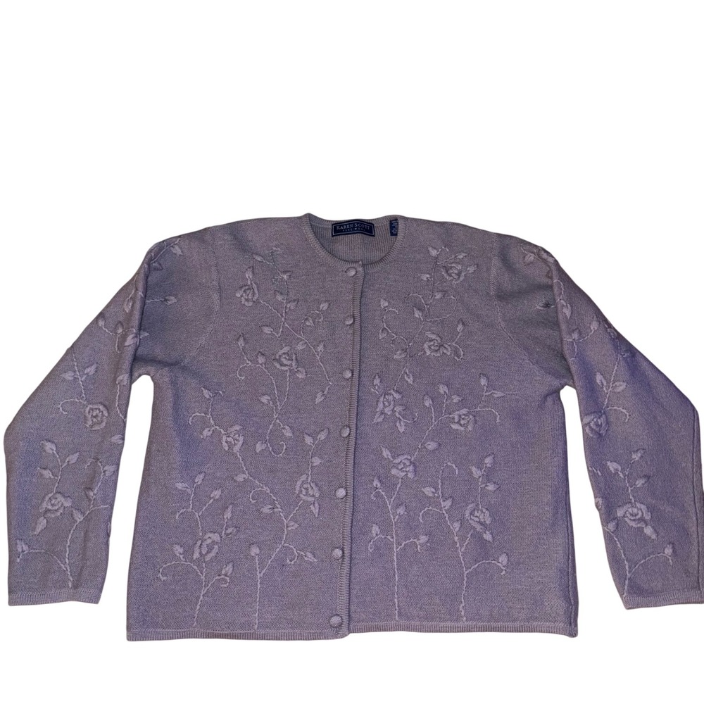 Larry Levine Cardigan Wool knit Sweater Womens Purple Rose Embroidered Button XL